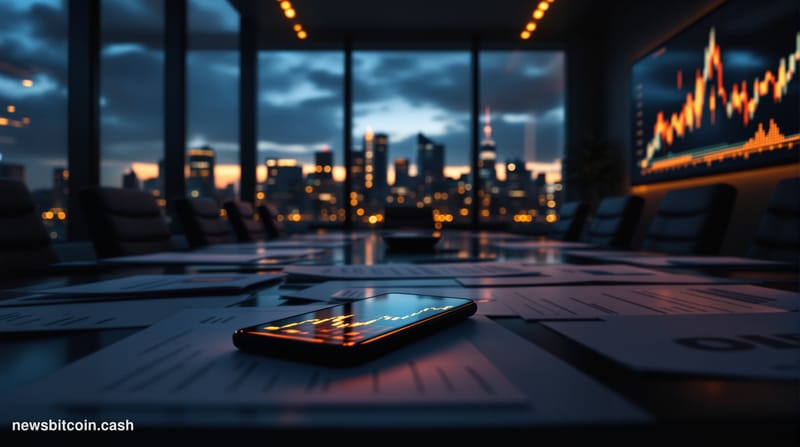 A cinematic photorealistic editorial photograph showing a modern corporate boardroom with dramatic lighting and shallow depth
