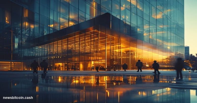 A cinematic photorealistic editorial photograph of MicroStrategy's corporate headquarters in Tysons Corner, Virginia, capture