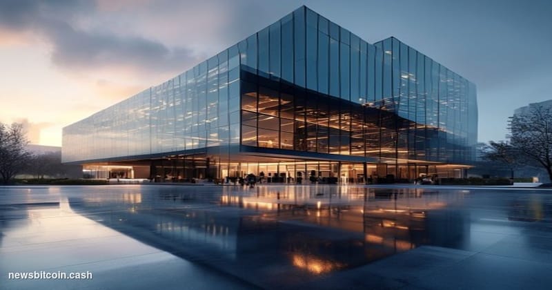 A cinematic photorealistic editorial photograph showing the Strategy corporate headquarters building in a dramatic low-angle 
