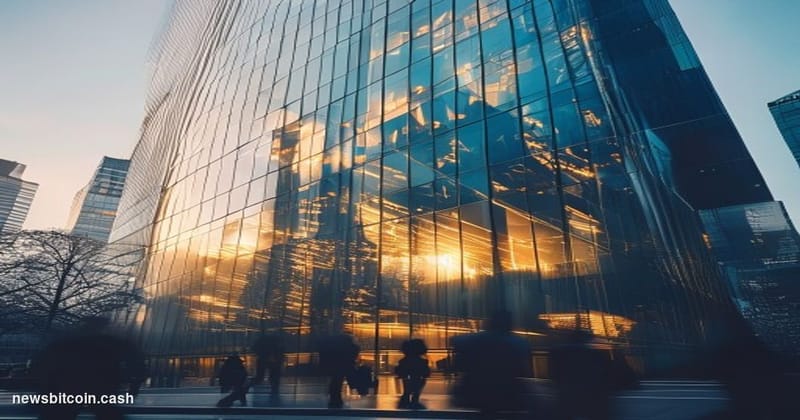 A cinematic photorealistic editorial photograph showing the SBI Holdings corporate headquarters tower in Tokyo's financial di