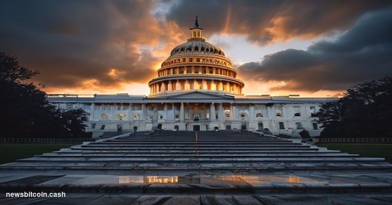 A cinematic photorealistic editorial photograph of the United States Capitol building at golden hour, with dramatic warm ligh
