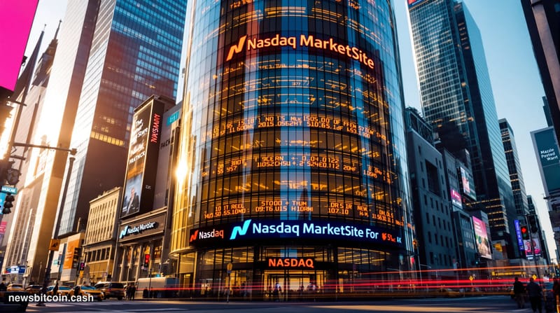 A cinematic photorealistic editorial photograph showing the iconic curved glass facade of the Nasdaq MarketSite building in T
