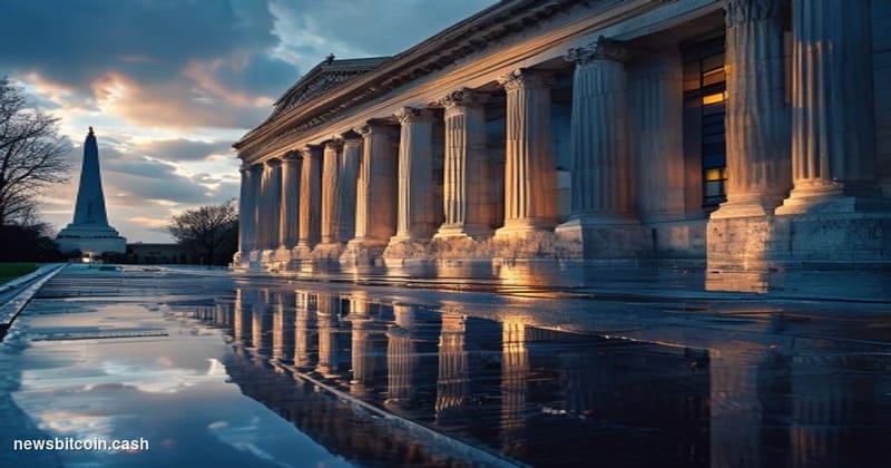 A cinematic photorealistic editorial photograph of the SEC headquarters building in Washington DC, shot from a low angle duri