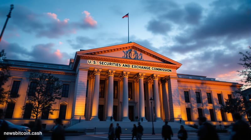 Cinematic photorealistic editorial photograph of the SEC headquarters building in Washington D.C., shot from a low angle duri