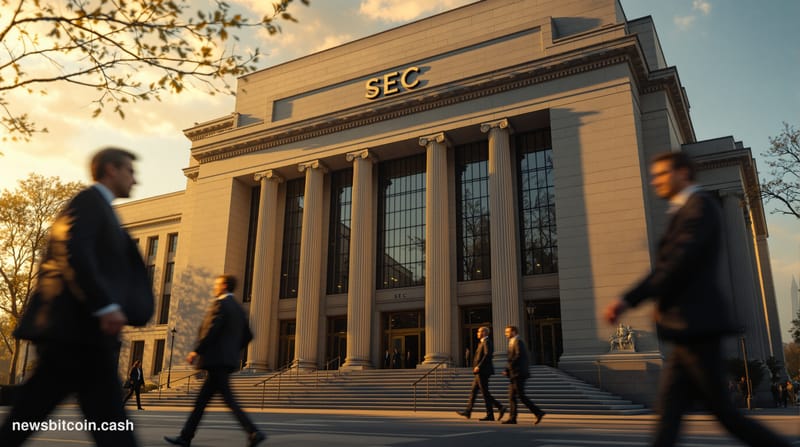 Cinematic photorealistic editorial photograph of the SEC headquarters building in Washington D.C., shot during golden hour wi