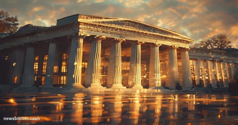 A cinematic photorealistic editorial photograph showing the imposing SEC headquarters building in Washington DC at golden hou