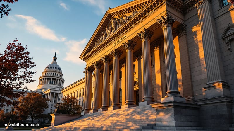 A cinematic photorealistic editorial photograph of the SEC headquarters building in Washington D.C., captured during golden h