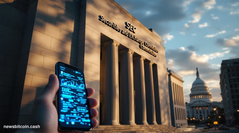 A cinematic photorealistic editorial photograph of the SEC headquarters building in Washington D.C., shot from a low angle wi