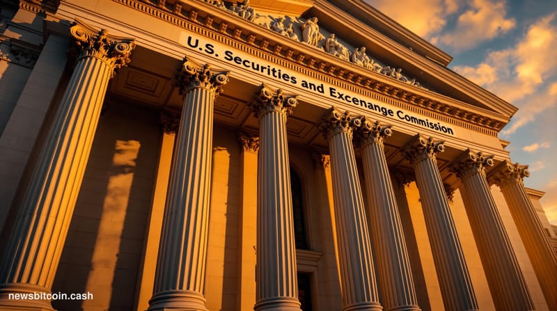 Cinematic photorealistic editorial photograph of the SEC headquarters building in Washington D.C., specifically the neoclassi
