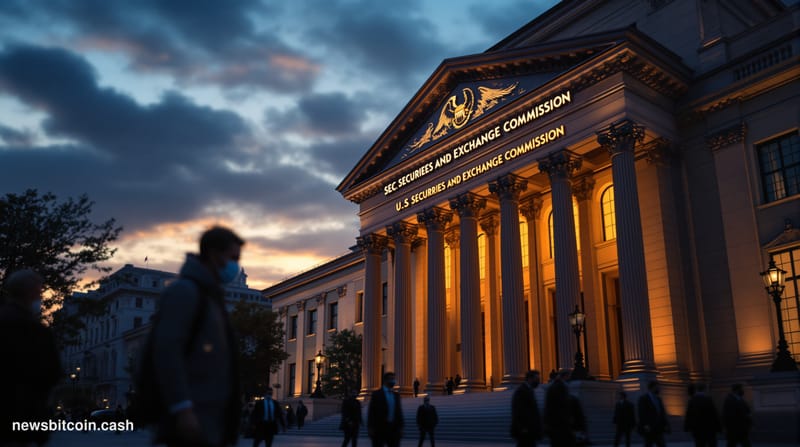 A cinematic photorealistic editorial photograph of the SEC headquarters building in Washington D.C., shot from a low angle to