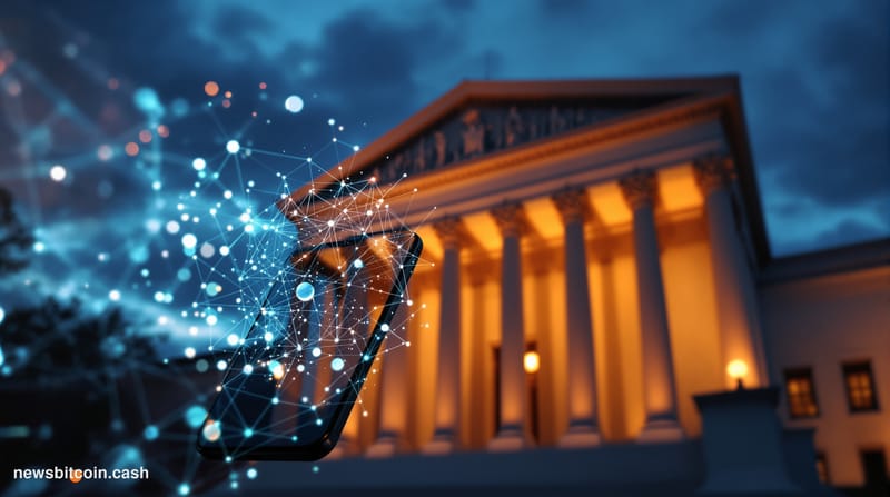 Cinematic photorealistic editorial photograph of the SEC headquarters building in Washington DC at dusk, with its distinctive