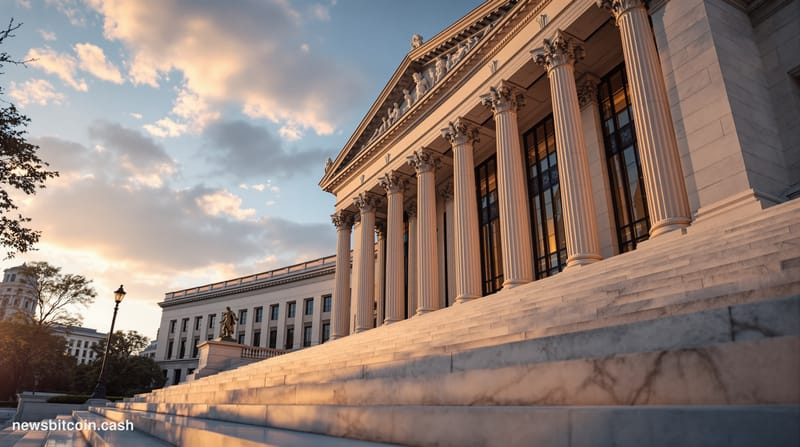 Cinematic photorealistic editorial photograph of the SEC headquarters building in Washington D.C., captured from a low angle 