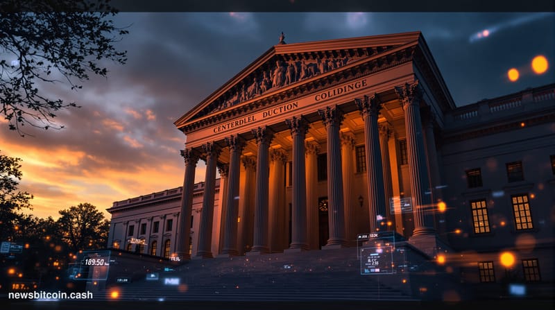 Cinematic photorealistic editorial photograph of the SEC headquarters building in Washington D.C., shot from a low angle with
