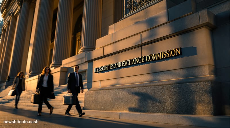 Cinematic photorealistic editorial photograph of the SEC headquarters building in Washington D.C., shot during golden hour wi