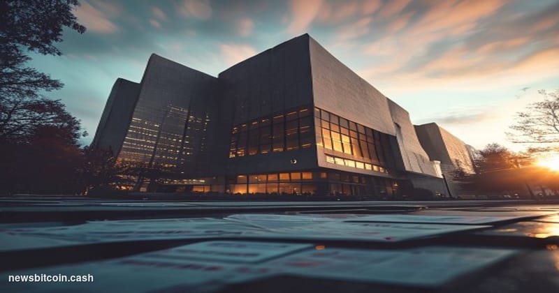 A cinematic photorealistic editorial photograph showing the imposing SEC headquarters building in Washington DC during golden
