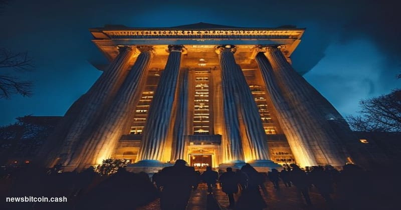 A dramatic cinematic photograph of the SEC headquarters building in Washington DC at dusk, shot from a low angle to emphasize