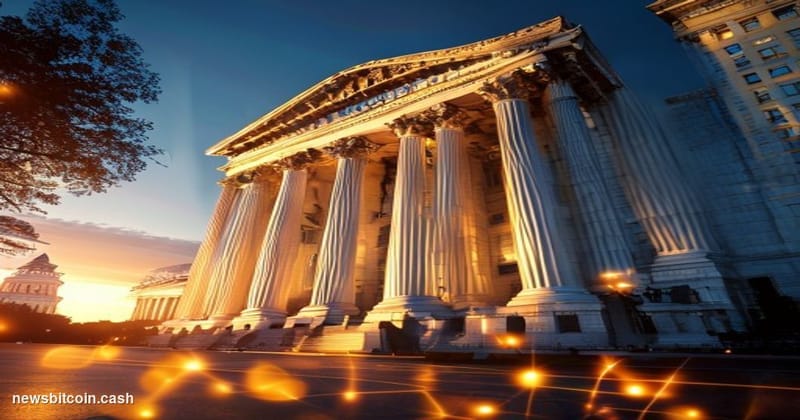 A cinematic photorealistic editorial photograph of the United States Securities and Exchange Commission headquarters building