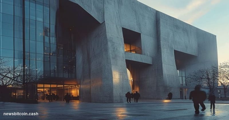 A cinematic photorealistic editorial photograph of the SEC headquarters building in Washington D.C., captured from a low angl