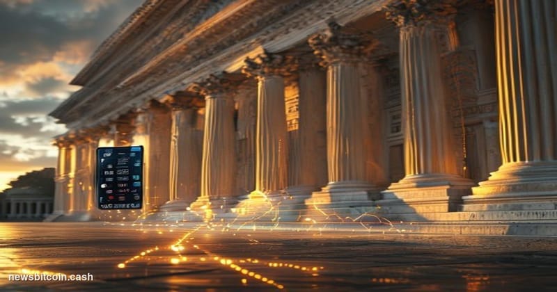 A cinematic photorealistic editorial photograph showing the imposing neoclassical facade of the SEC headquarters building in 
