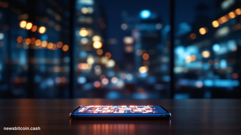 A cinematic photorealistic editorial photograph showing a modern smartphone displaying a Bitcoin wallet interface in the fore