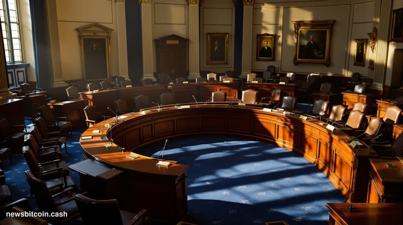 A dramatic photorealistic editorial photograph of the United States Senate Banking Committee hearing room in the Hart Senate 