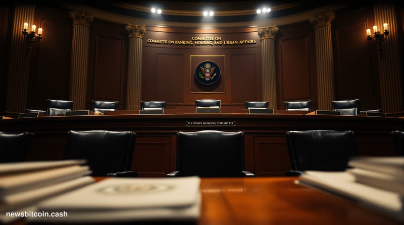A cinematic photorealistic editorial photograph of the US Senate Banking Committee hearing room in the Hart Senate Office Bui