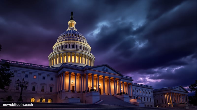 A cinematic photorealistic editorial photograph of the United States Capitol building's Senate wing at dusk, with the distinc