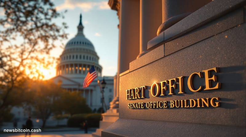 A cinematic photorealistic editorial photograph of the Hart Senate Office Building's imposing neoclassical facade in Washingt