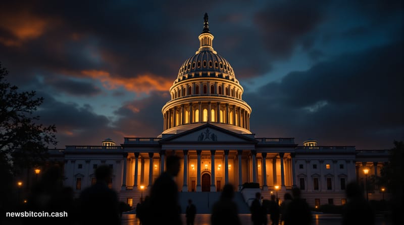 A cinematic photorealistic editorial photograph of the United States Capitol Building's Senate wing at dusk, shot from a low 