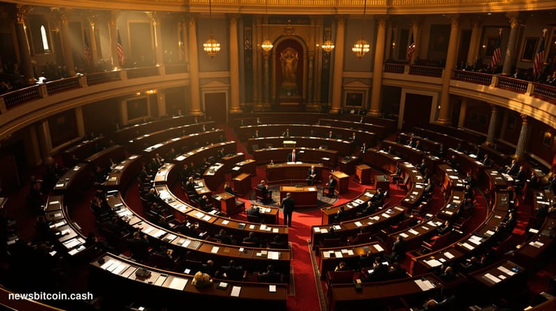 A cinematic photorealistic editorial photograph of the United States Senate chamber during an active session, captured from a