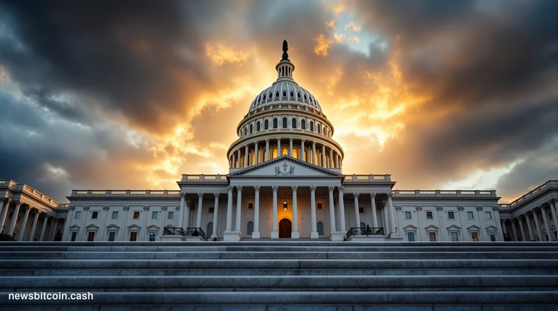 A cinematic photorealistic editorial photograph showing the imposing facade of the United States Capitol building in Washingt