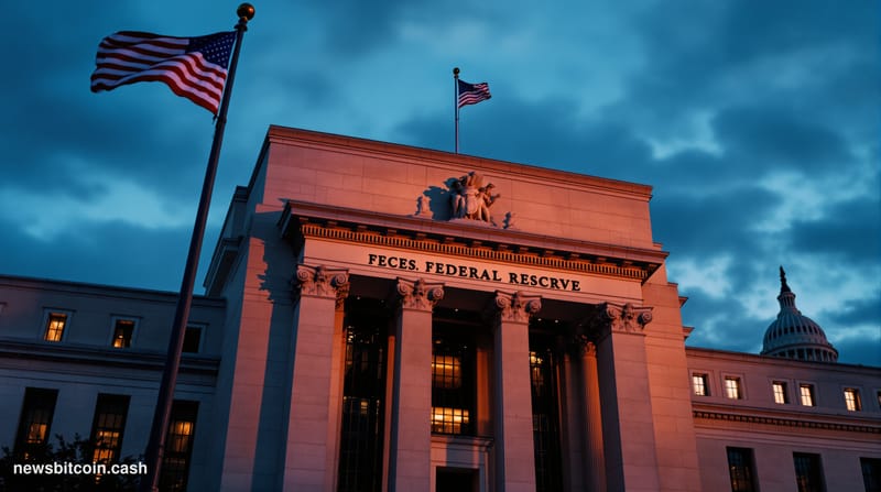 A cinematic photorealistic editorial photograph of the imposing Federal Reserve building in Washington D.C., captured from a 