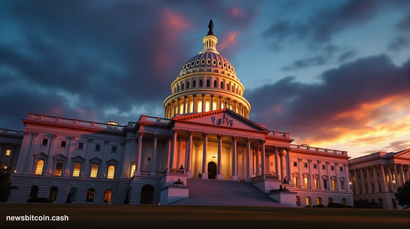 A cinematic photorealistic editorial photograph of the United States Capitol building's iconic dome and neoclassical facade d