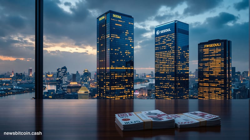 A cinematic photorealistic editorial photograph of Seoul's financial district at dusk, featuring the iconic glass towers of Y