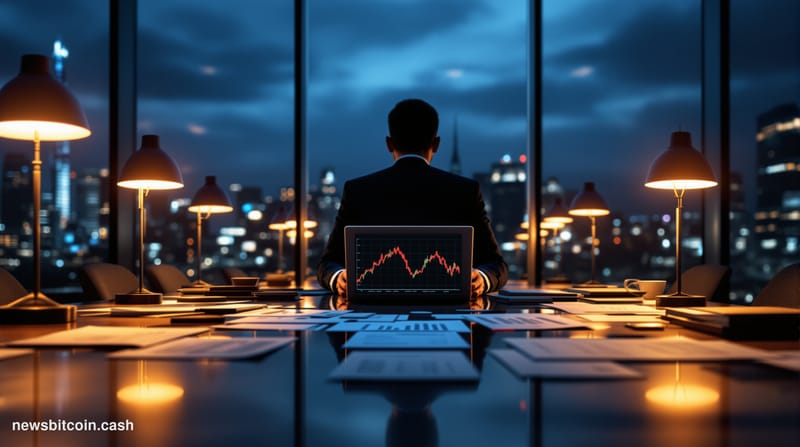A cinematic photorealistic editorial photograph capturing the corporate retreat from bitcoin treasury strategies. The scene s