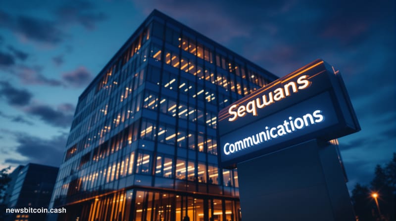 A cinematic photorealistic editorial photograph of a modern corporate headquarters building at dusk, shot from a low angle to