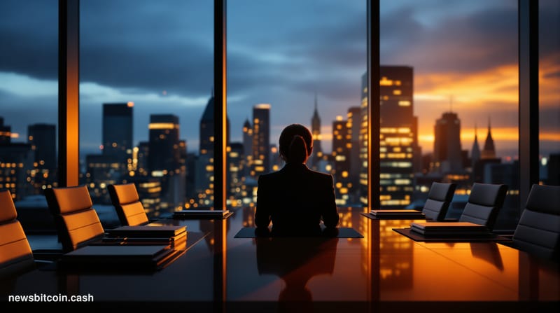 A cinematic photorealistic editorial photograph of a modern corporate law office conference room at dusk, with dramatic golde