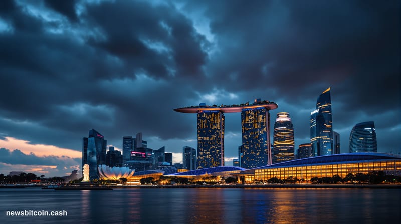 A dramatic cinematic photograph of Singapore's iconic Marina Bay Sands towers and financial district skyline at dusk, shot fr