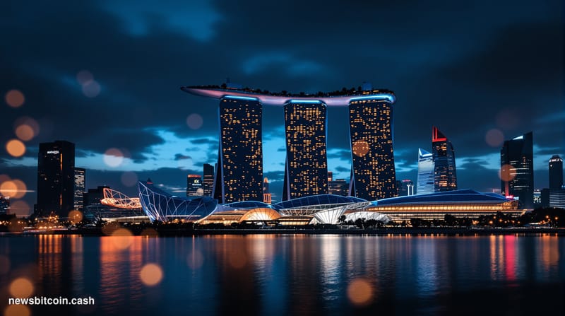 Cinematic photorealistic editorial photograph of Singapore's Marina Bay financial district at dusk, shot from an elevated ang