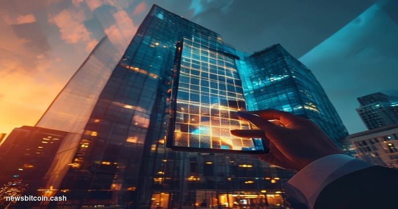 A cinematic photorealistic editorial photograph showcasing SoFi's modern corporate headquarters in downtown San Francisco, sh