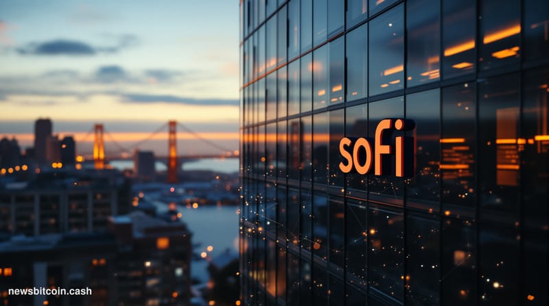 A cinematic photorealistic editorial photograph of SoFi's modern headquarters building in San Francisco, shot from a low angl