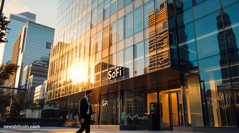 A cinematic photorealistic editorial photograph showcasing SoFi's modern corporate headquarters building in downtown San Fran