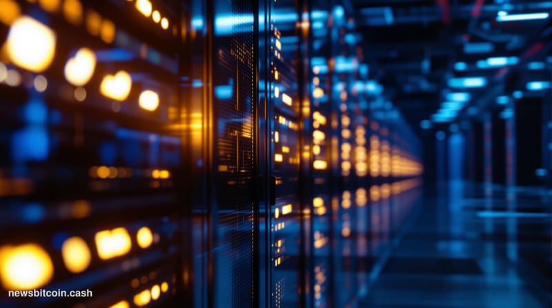 Cinematic photorealistic editorial photograph showing a high-tech server room with rows of gleaming data center infrastructur