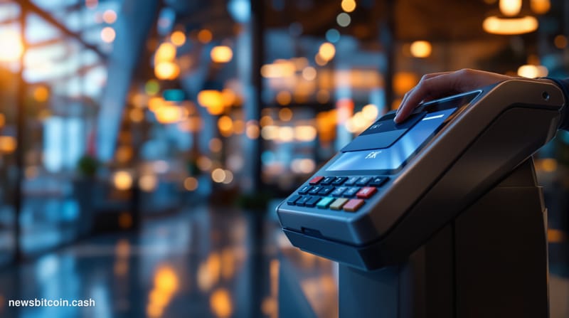 A cinematic photorealistic editorial photograph showing a modern payment terminal in sharp focus in the foreground, with a sl
