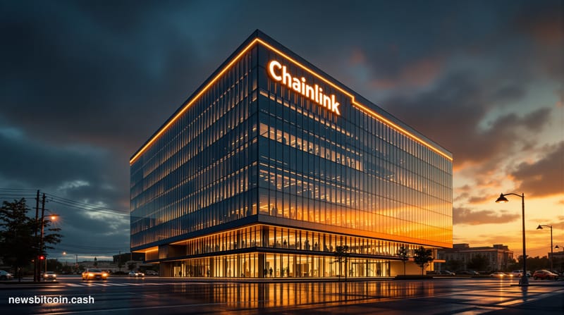 A cinematic photorealistic editorial photograph showing the Chainlink headquarters building in Cayman Islands or their main o