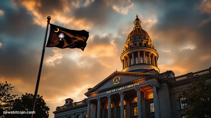 A cinematic photorealistic editorial photograph of the South Carolina State House in Columbia, captured during golden hour wi