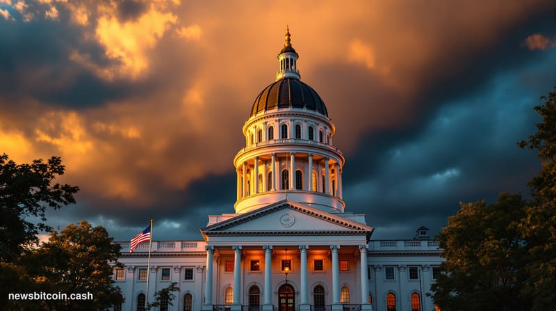 A dramatic cinematic photograph of the South Carolina State House in Columbia at golden hour, with its distinctive neoclassic