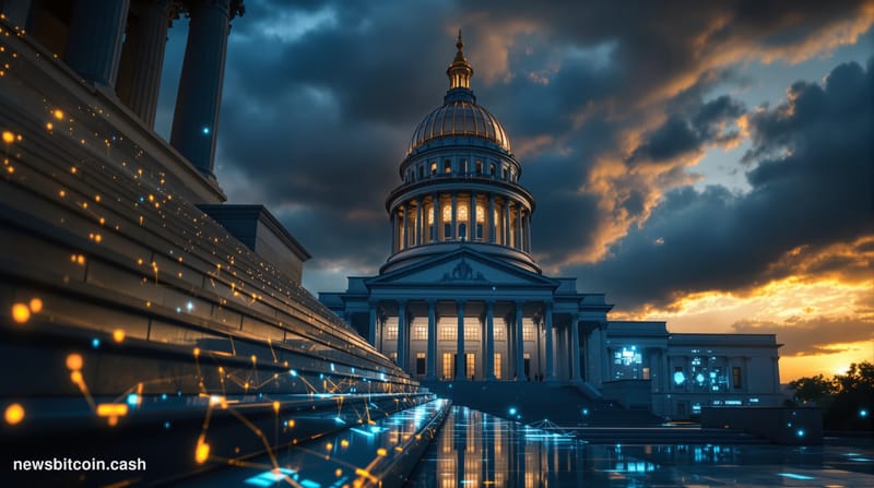 A cinematic photorealistic editorial photograph of the South Carolina State House dome in Columbia at golden hour, shot from 
