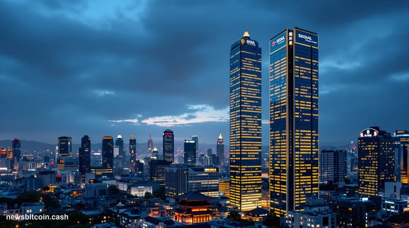 A cinematic photorealistic editorial photograph of Seoul's financial district at dusk, showcasing the iconic skyscrapers of G