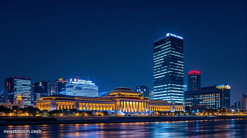 A dramatic nighttime aerial photograph of Seoul's financial district, specifically showing the illuminated National Assembly 